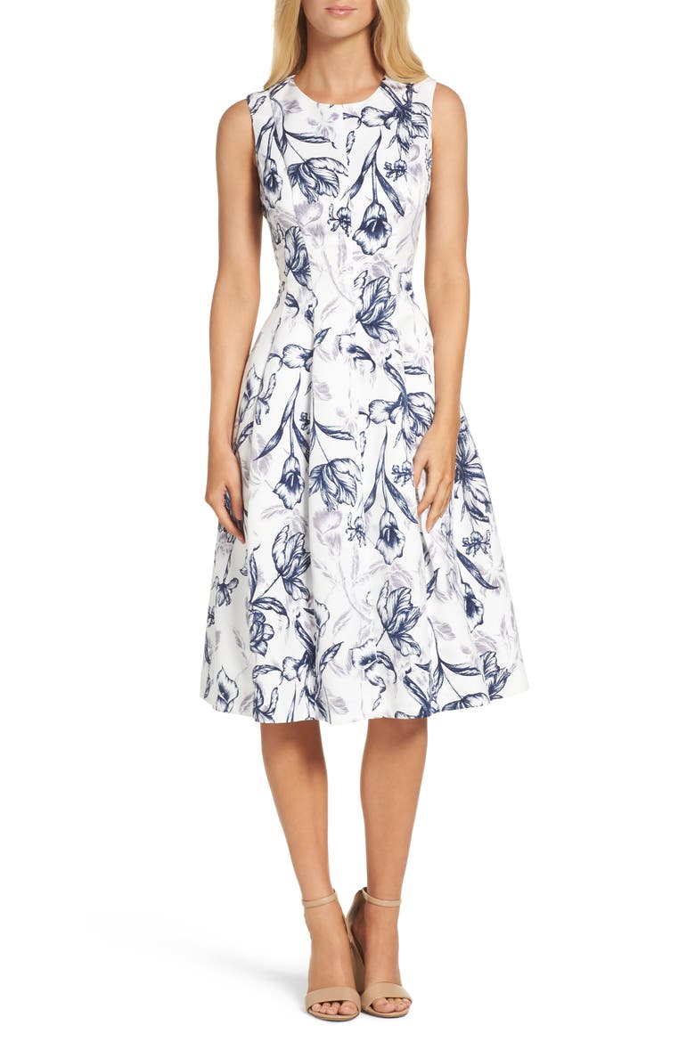 Fit & Flare Dress, Main, color, IVORY/ NAVY