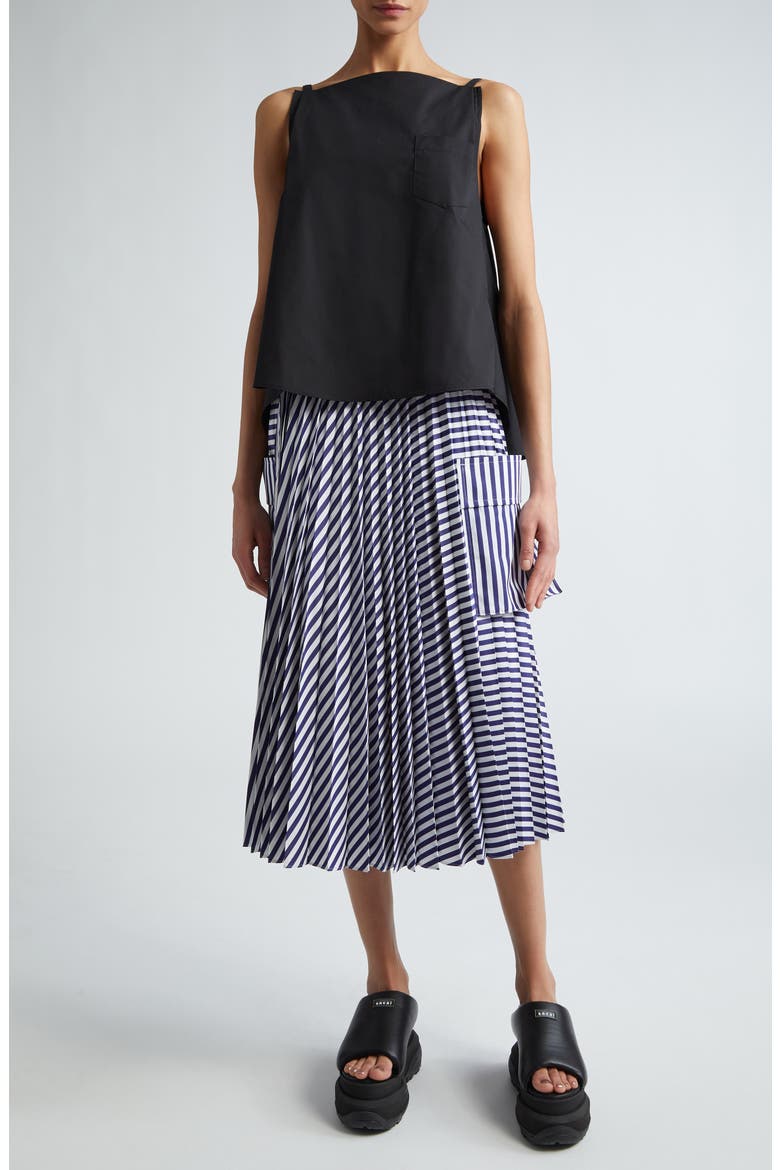 x Thomas Mason Pleated Poplin Cargo Skirt, Alternate, color, NAVY STRIPE