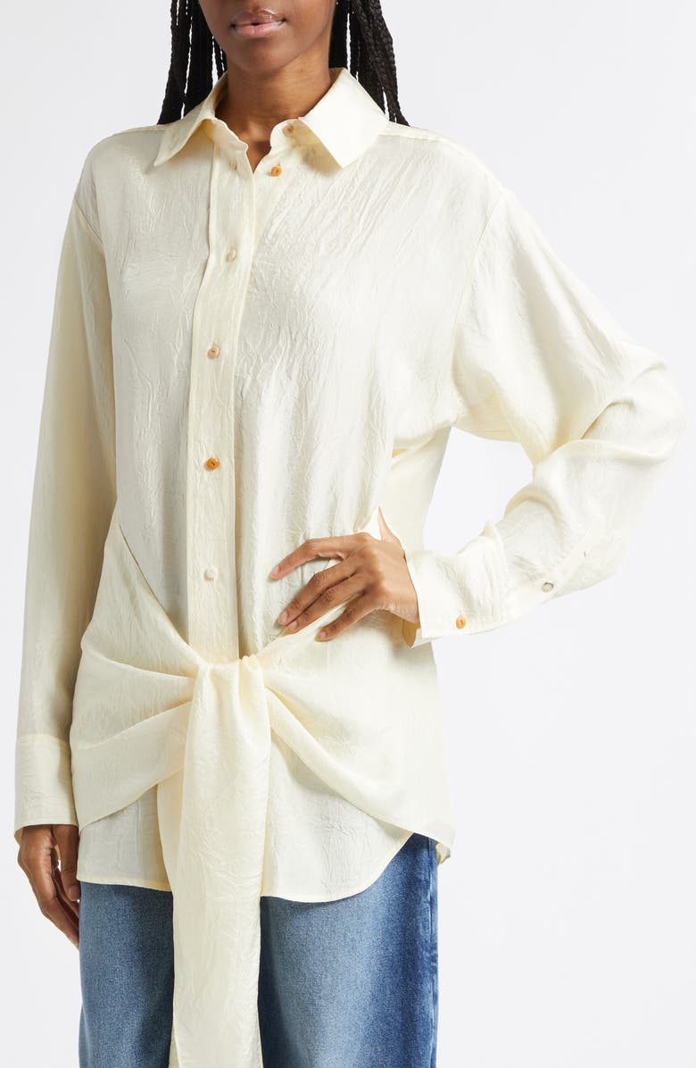 OSSOU Arroyo Tie Front Crinkle Satin Button-Up Shirt, Alternate, color, Ecru