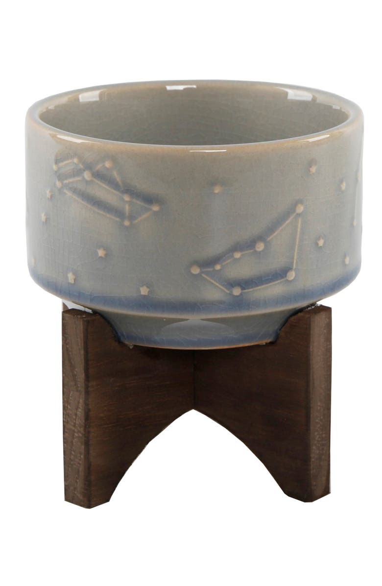 FLORA BUNDA 4" Constellation Ceramic Pot on Wood Stand - Glass Blue, Main, color,