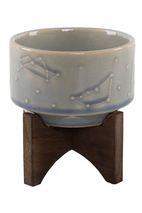 4" Constellation Ceramic Pot on Wood Stand - Glass Blue