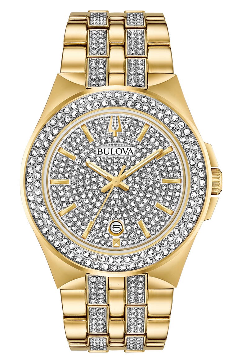 Crystal Bracelet Watch & Dog Tag Necklace Set, 42mm, Main, color, GOLD