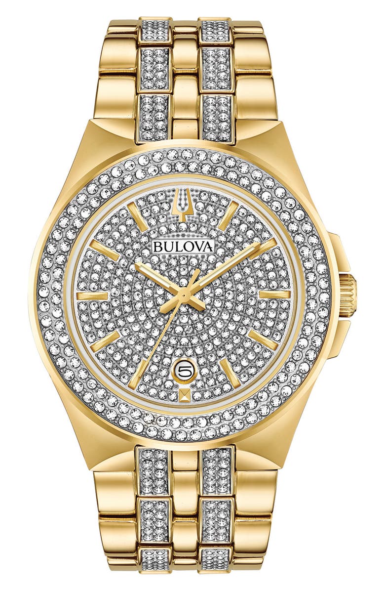 BULOVA Crystal Bracelet Watch & Dog Tag Necklace Set, 42mm, Main, color, Gold