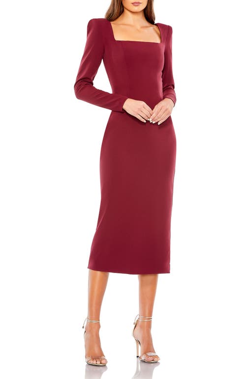 Mac Duggal Square Puff Shoulder Long Sleeve Midi Dress in Wine 