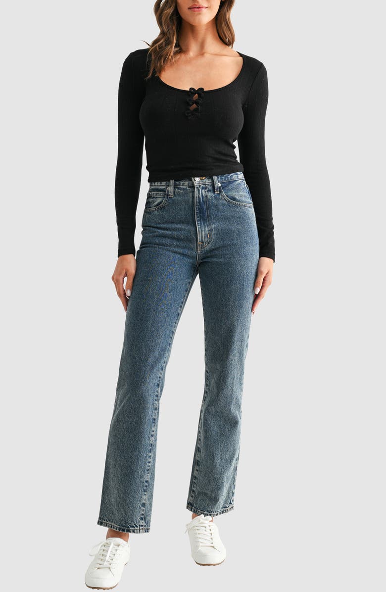 All in Favor Bow Pointelle Sweater, Alternate, color, Black