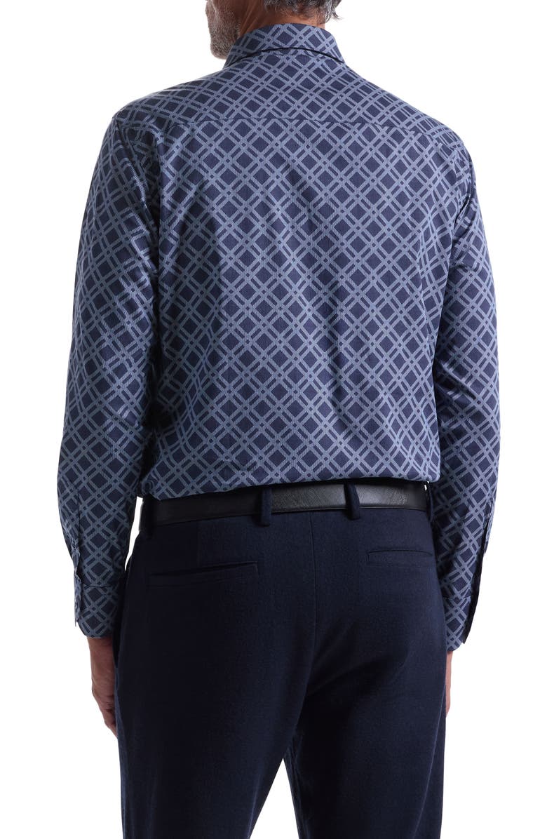 Bugatchi Axel Trim Fit Geo Print Stretch Cotton Button-Up Shirt, Alternate, color, Navy