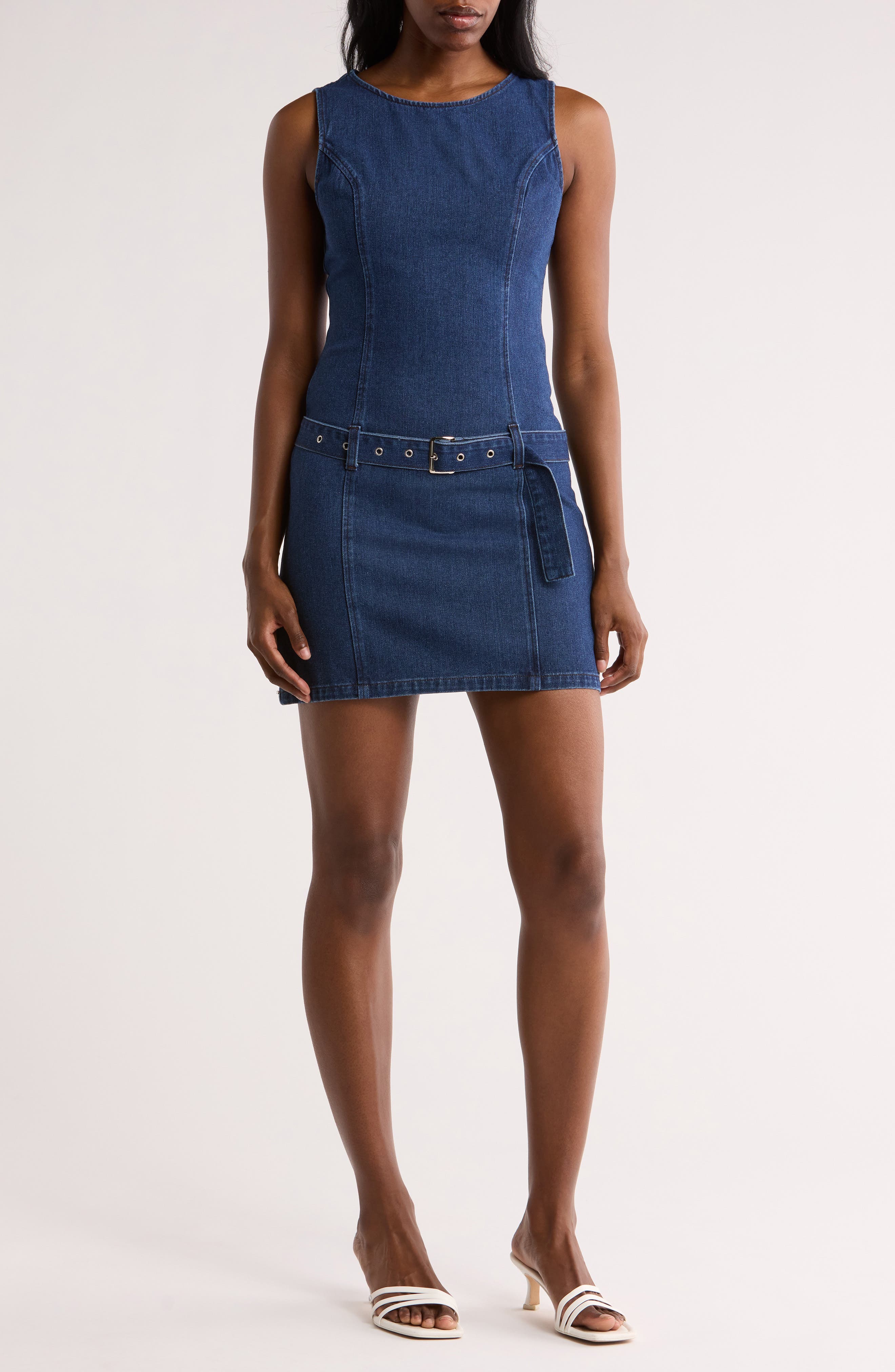 Lush Belted Denim A-Line Minidress