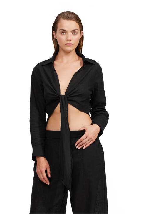 High Low Collared Front Tie Blouse Cover Up