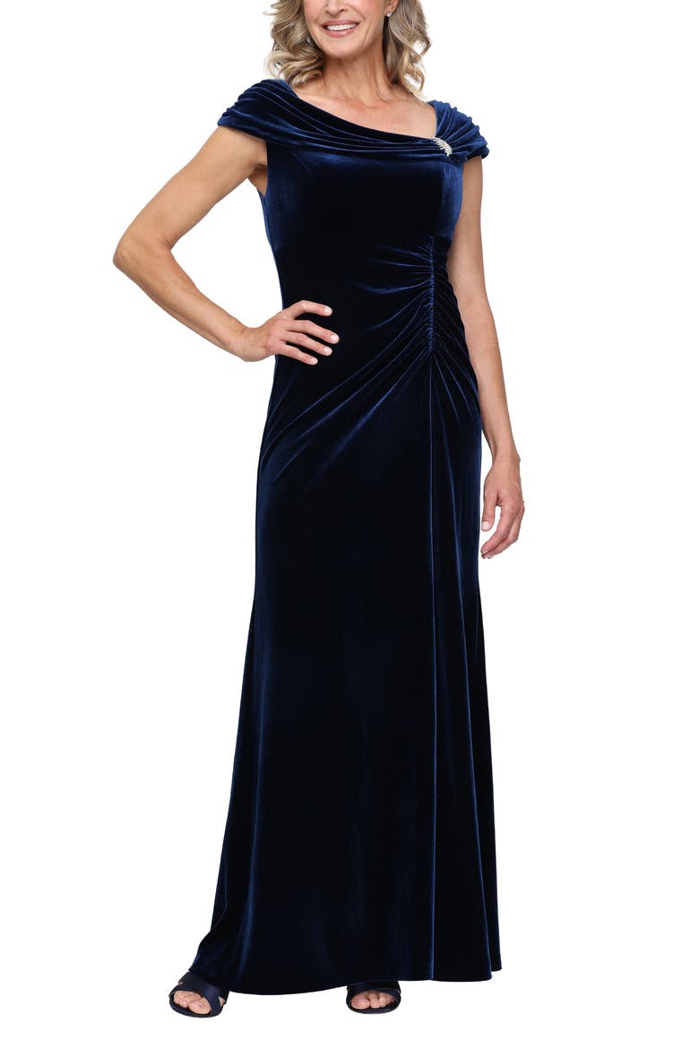 Embellished Neck Stretch Velvet Gown, Main, color, IMPERIAL