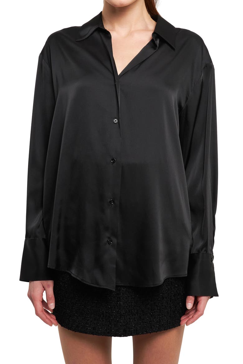 Satin Button-Up Shirt, Alternate, color, BLACK