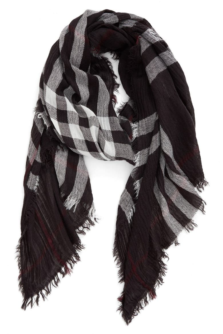 Plaid Oblong Scarf, Main, color, GREY CHARCOAL