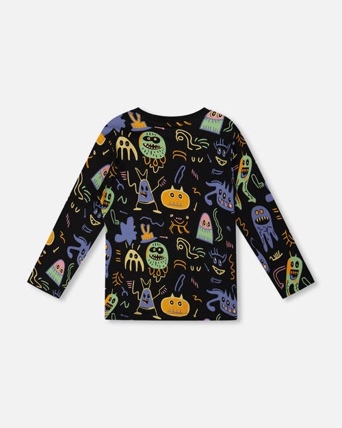 Deux Par Deux Long Sleeve Organic Cotton Allover Monsters Tee In Black