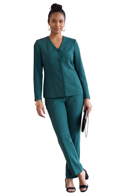 Shaped Crepe Jacket & Straight-Leg Pant Suit (Plus)