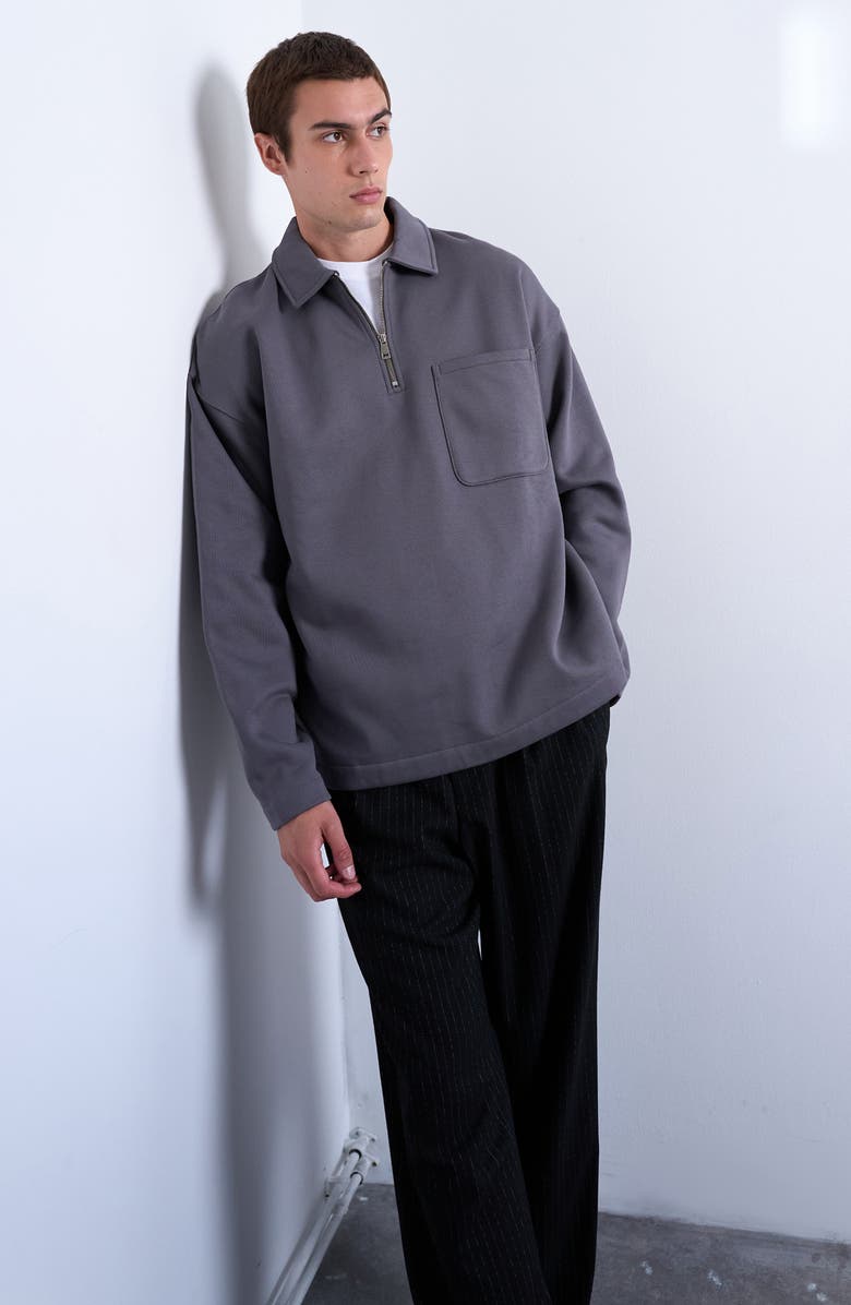 Topman Oversize Long Sleeve Quarter Zip Polo, Alternate, color, Grey