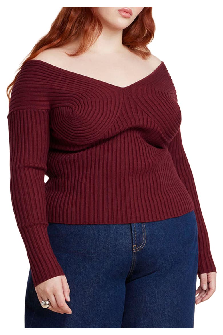 Bust-Stitch Off The Shoulder Sweater, Main, color, TAWNY PORT