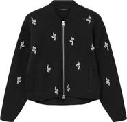 AllSaints Rhea Rhinestone Snake Detail Ribbed Cotton Bomber Jacket