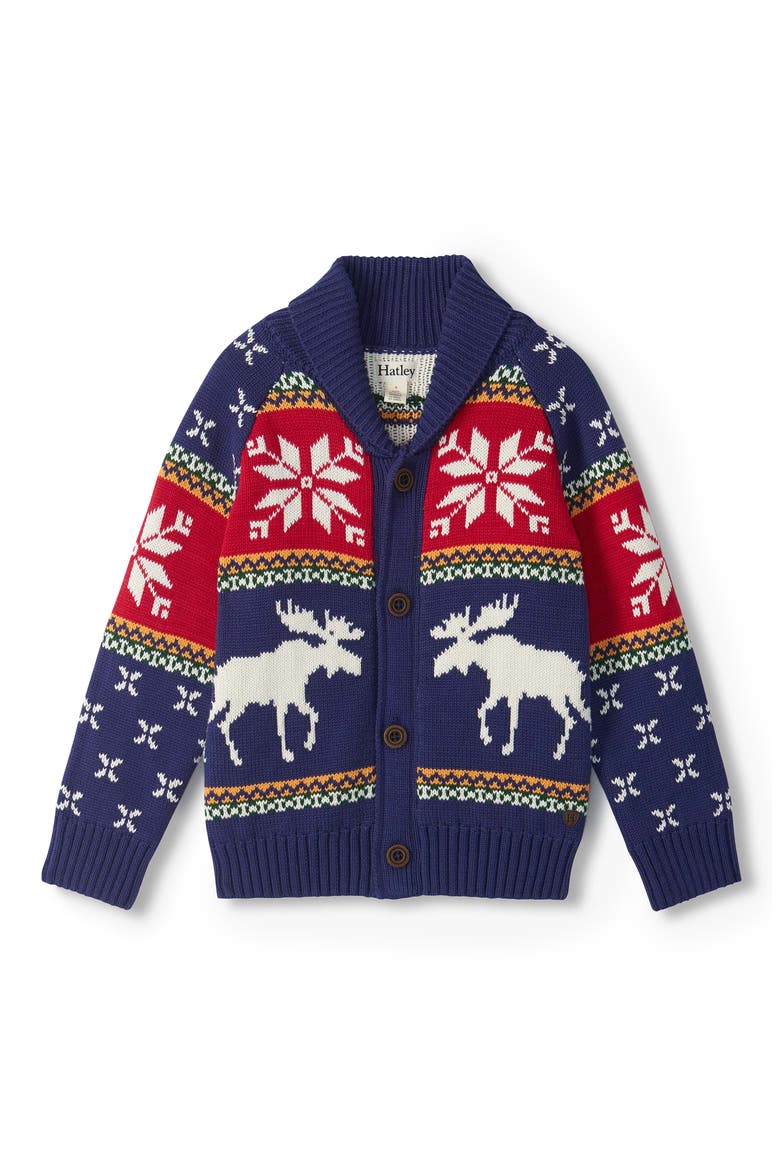 Kids' Holiday Moose Shawl Collar Cardigan, Main, color, BLUE