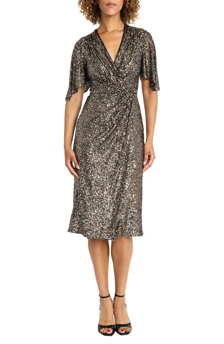 Maggy London Sequin Flutter Sleeve Cocktail Midi Dress, Main, color,