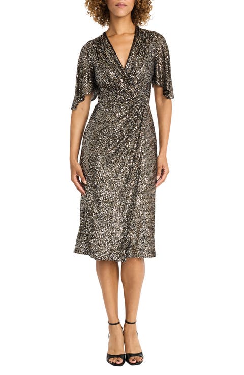 Sequin Flutter Sleeve Cocktail Midi Dress