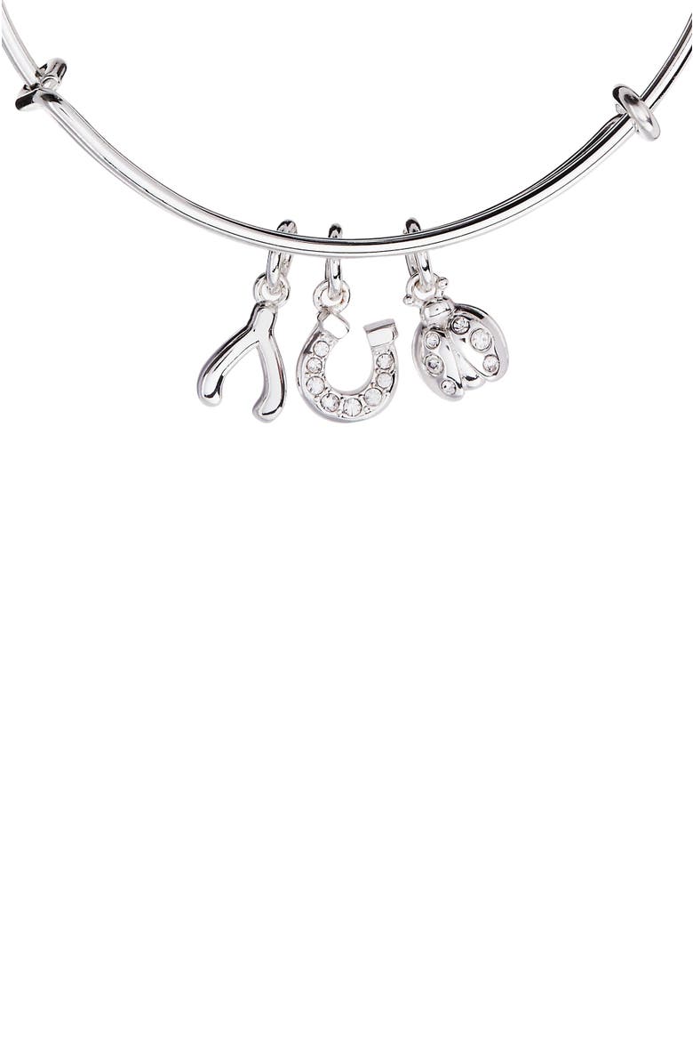 Alex and Ani Love and Luck Multi Charm Bangle Bracelet, Alternate, color, Silver