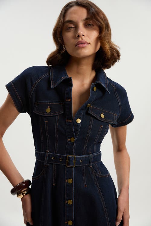 Karen Millen Button Up Belted Denim Midi Dress In Blue