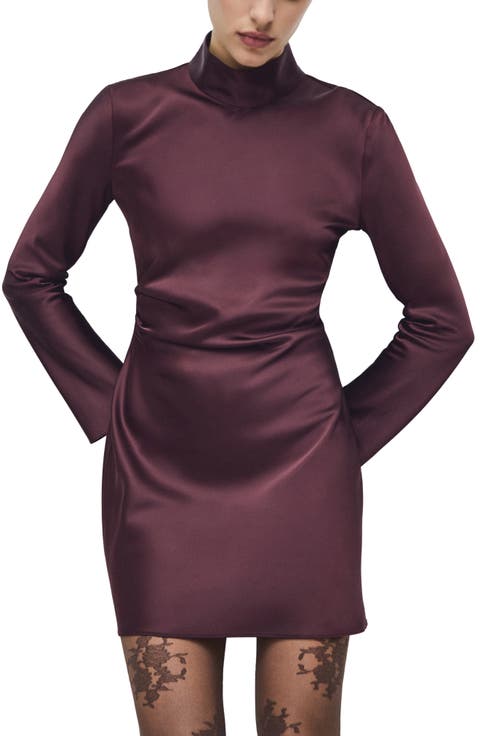 Pleated Long Sleeve Satin Dress