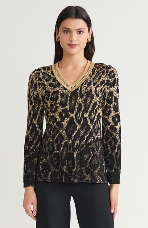 Ming Wang Lurex Leopard Print Jacquard Soft Knit Tunic