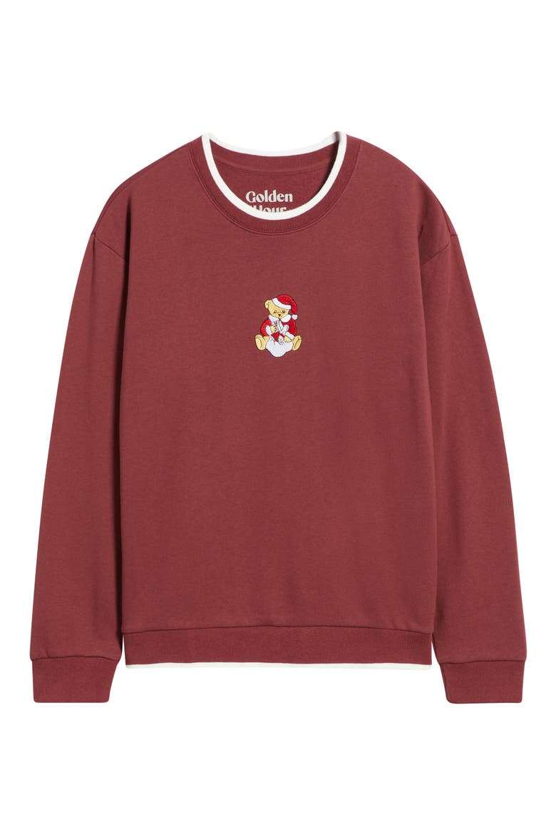 Teddy Bear Santa Embroidered Graphic Sweatshirt, Alternate, color, OXBLOOD RED
