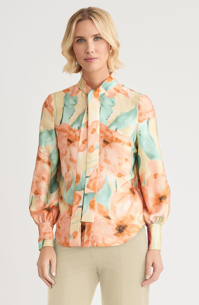 Misook Floral Printed Crepe de Chine Blouse, Main, color, Sunglow/Mystic Green