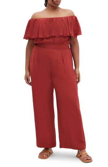 City Chic Serene Ruffle Off The Shoulder Jumpsuit In Brown