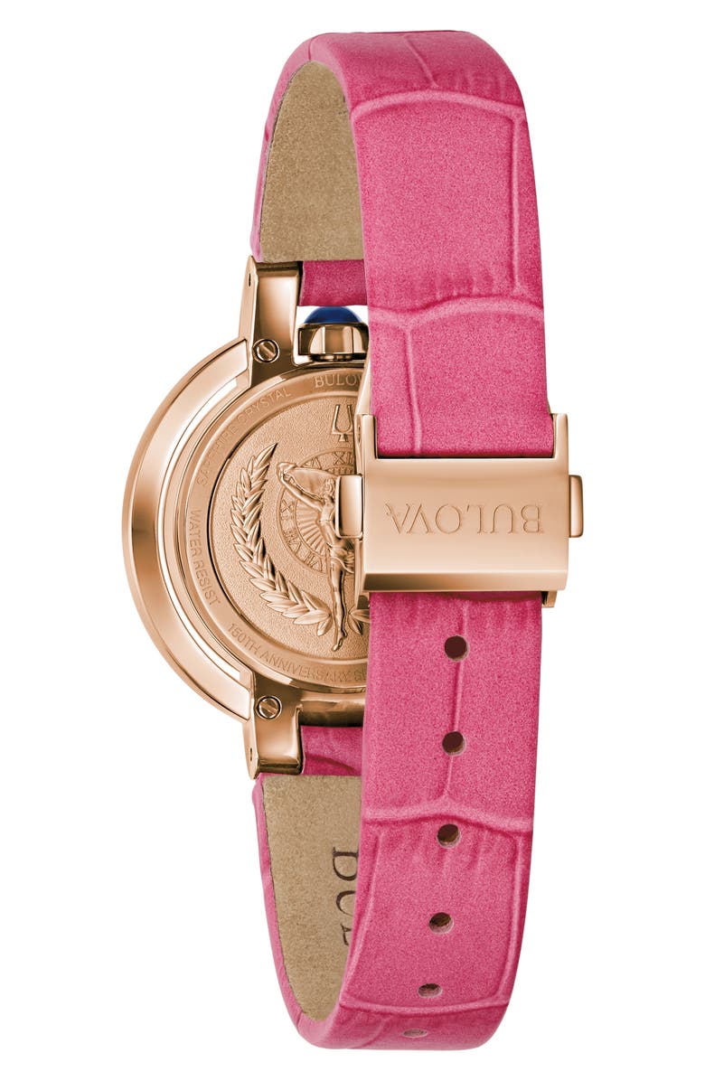BULOVA Rubaiyat Sapphire Leather Strap Watch, 30mm, Alternate, color, Rose Gold-Tone