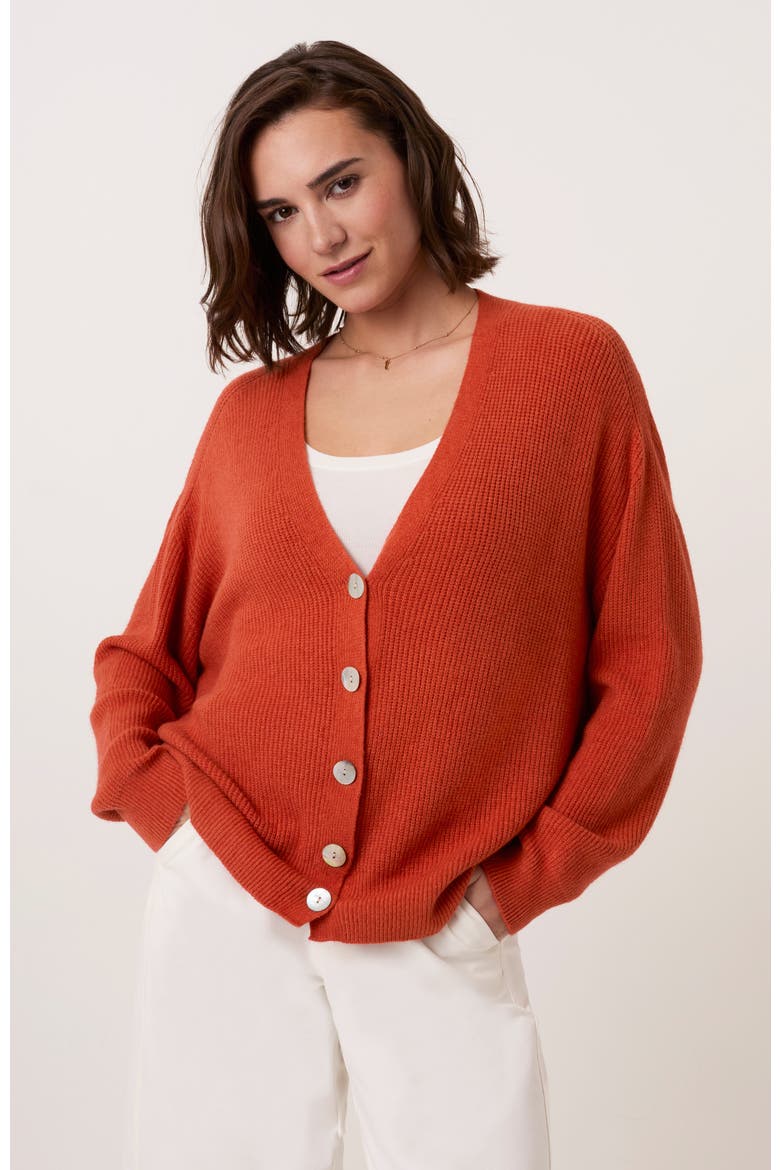 Slouchy Ribbed V-Neck Cardigan, Alternate, color, Burnt Orange