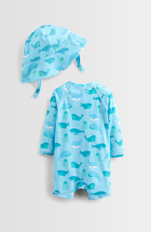 Tucker + Tate One-piece Romper Swimsuit & Bucket Hat Set In Blue Fade Whale Friends
