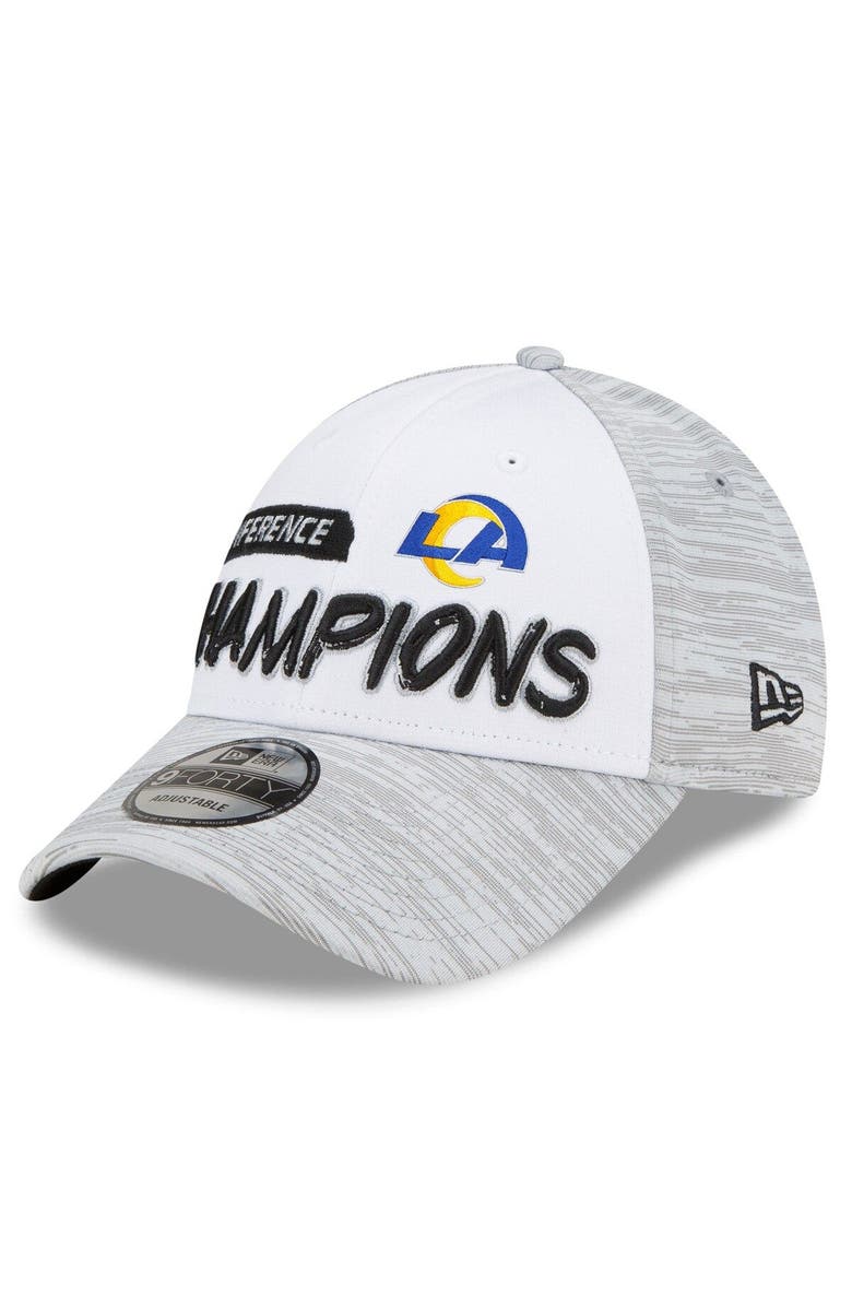New Era Men's New Era White/Heathered Gray Los Angeles Rams 2021 NFC Champions Locker Room 9FORTY Snapback Adjustable Hat, Alternate, color,