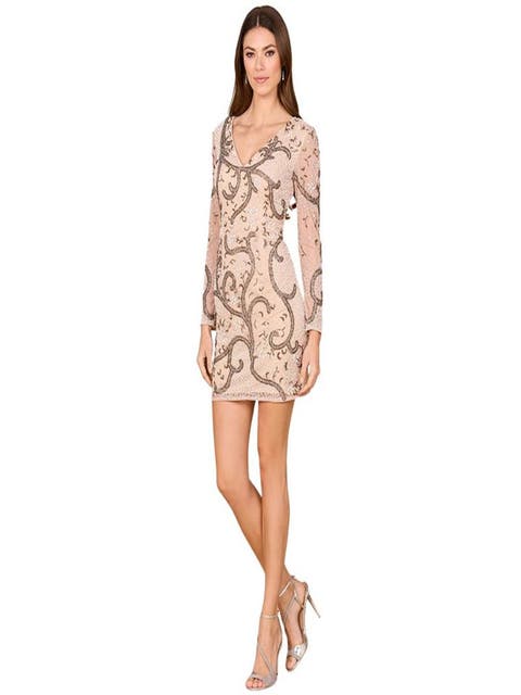 Long Sleeve Beaded Cocktail Dress