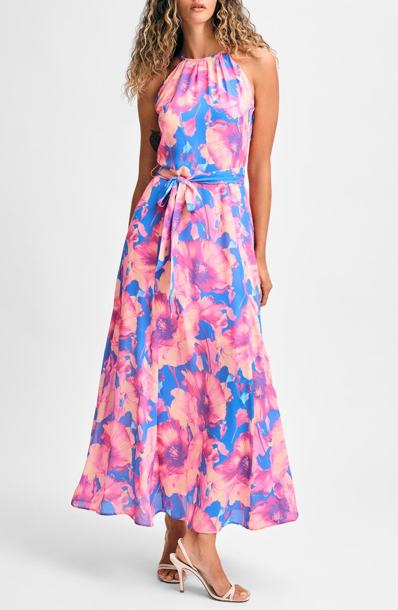 Isaac Mizrahi New York Floral Print Halter Dress, Main, color, French Blue Floral