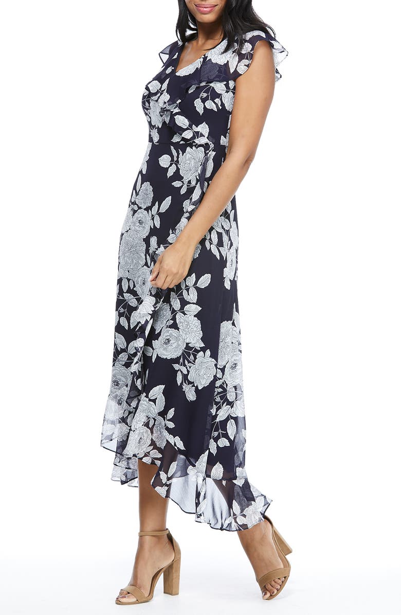 London Times Floral Ruffle Sleeveless Faux Wrap Maxi Dress, Alternate, color, Navy/ White