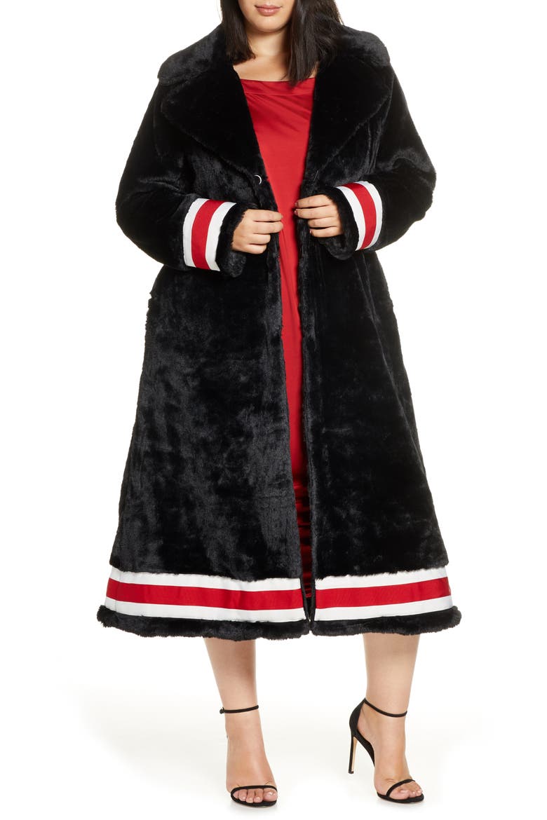 Grosgrain Ribbon Trim Faux Fur Swing Coat, Main, color, BLACK W/ BLACK JAGUAR LINING