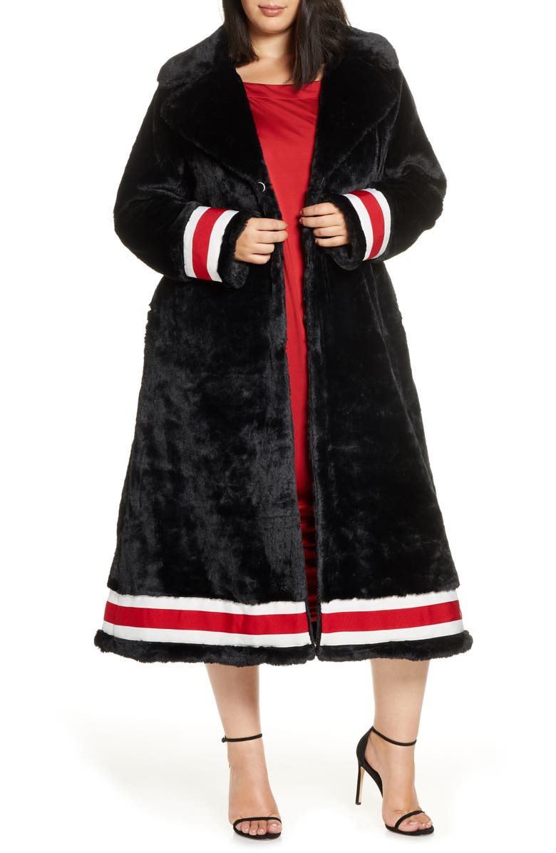 Coldesina Grosgrain Ribbon Trim Faux Fur Swing Coat, Main, color, 