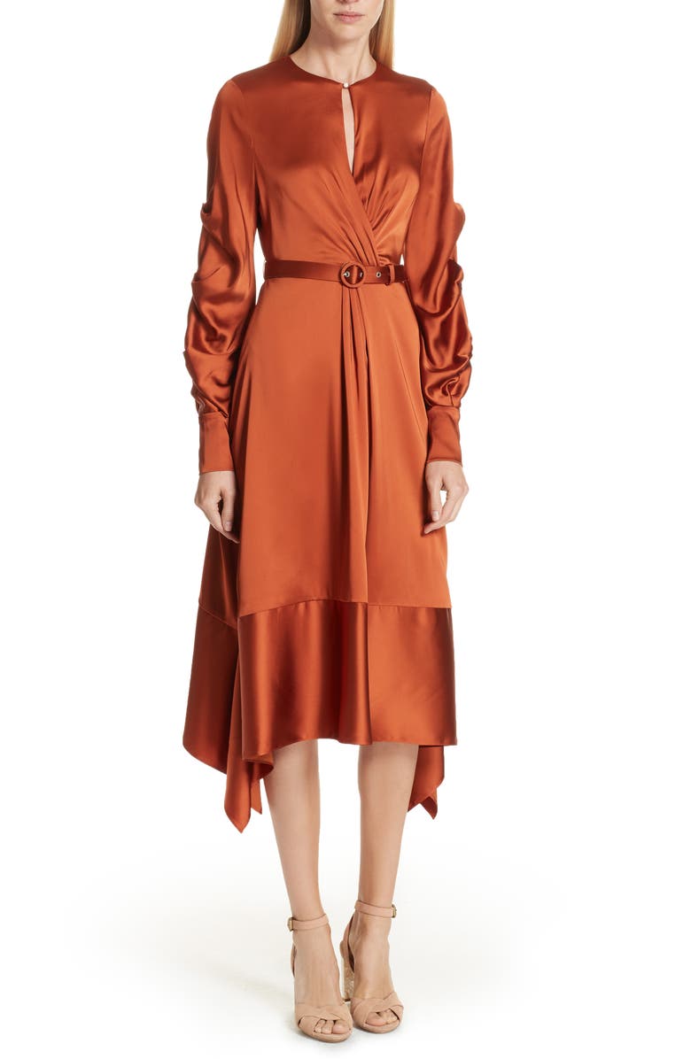 Simkhai Jonathan Simkhai Ruched Sleeve Satin Midi Dress, Main, color, 
