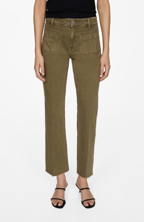Mango Alex Raw Hem Patch Pocket Crop Flare Jeans In Khaki Green