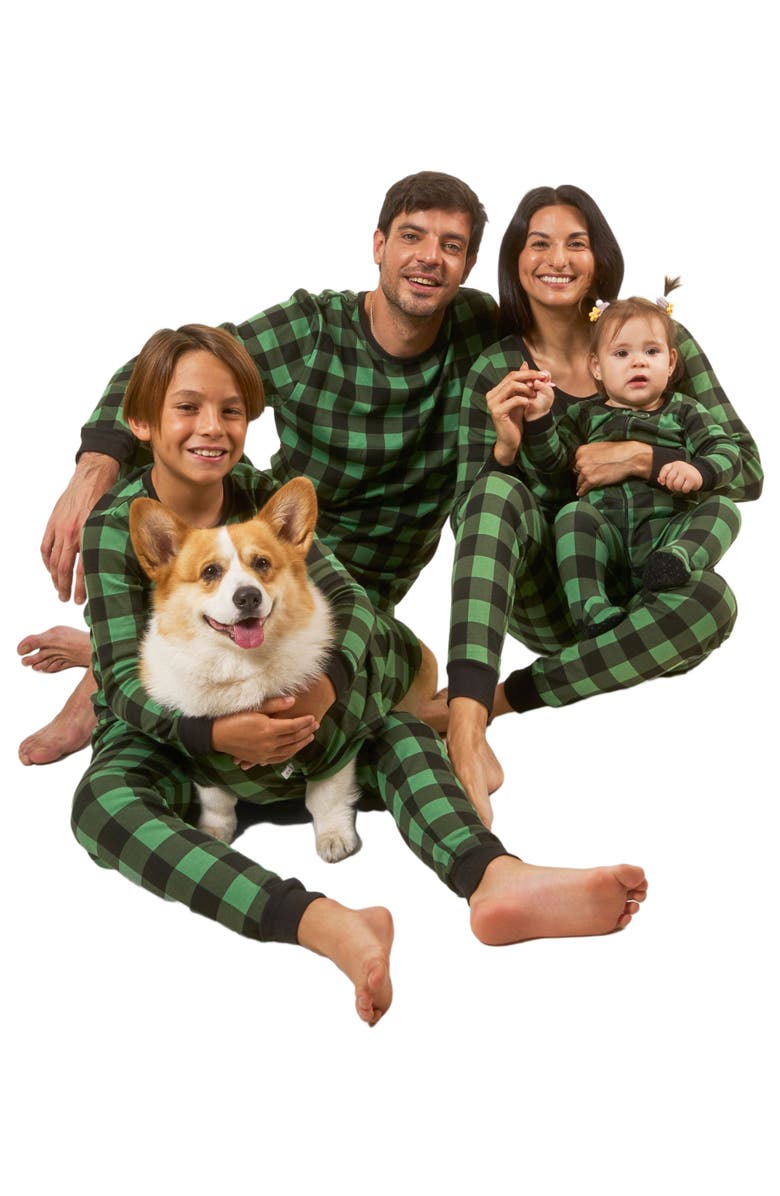 Leveret Kids Footed Plaid Cotton Matching Family Holiday Pajamas, Alternate, color, Plaid Black & Green