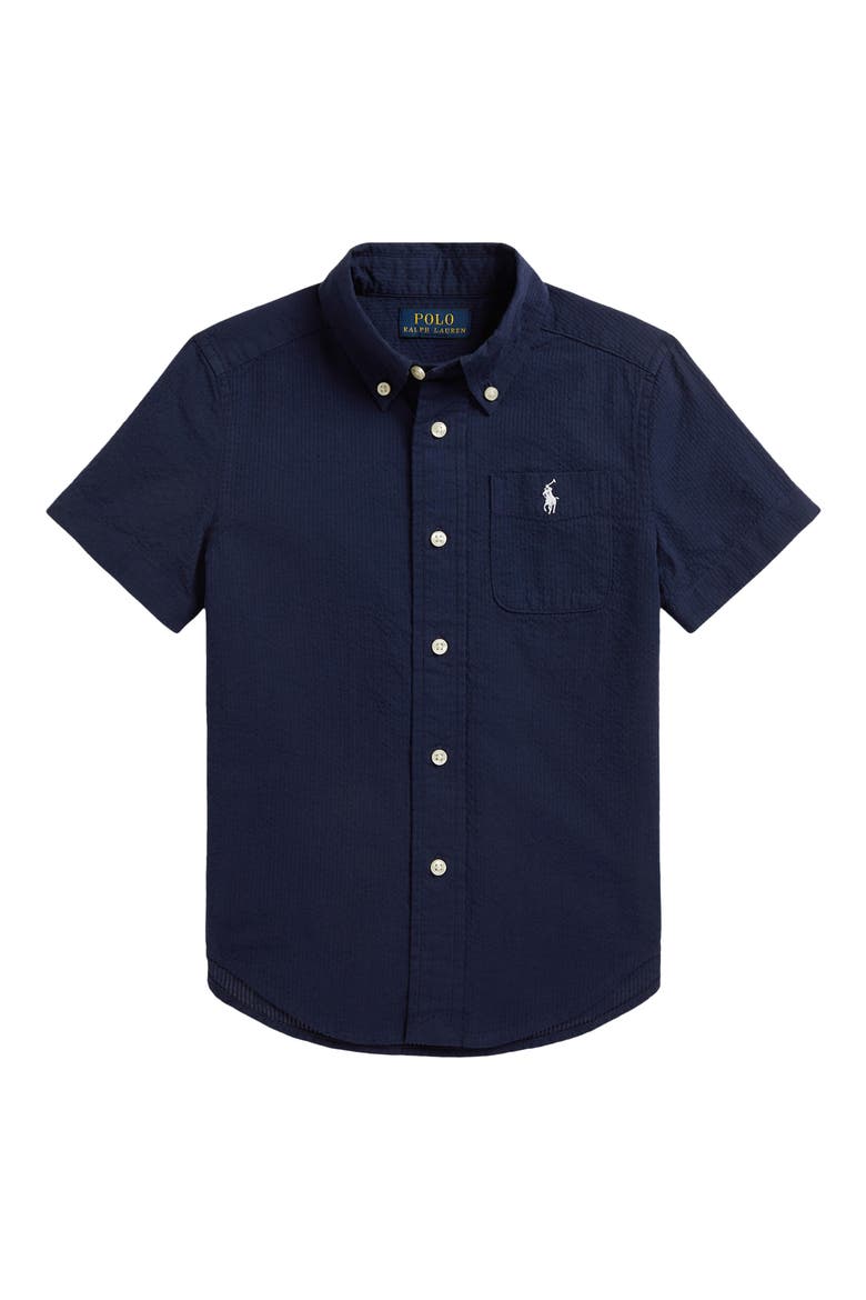 Kids' Short Sleeve Cotton Seersucker Button-Down Shirt, Main, color, NAVY