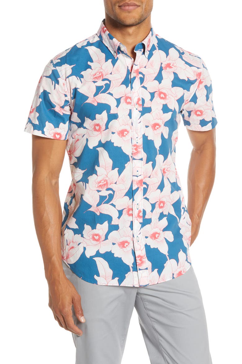 Slim Fit Floral Short Sleeve Button-Down Shirt, Main, color, CYANOTYPE FLORAL - STRAWBERRY