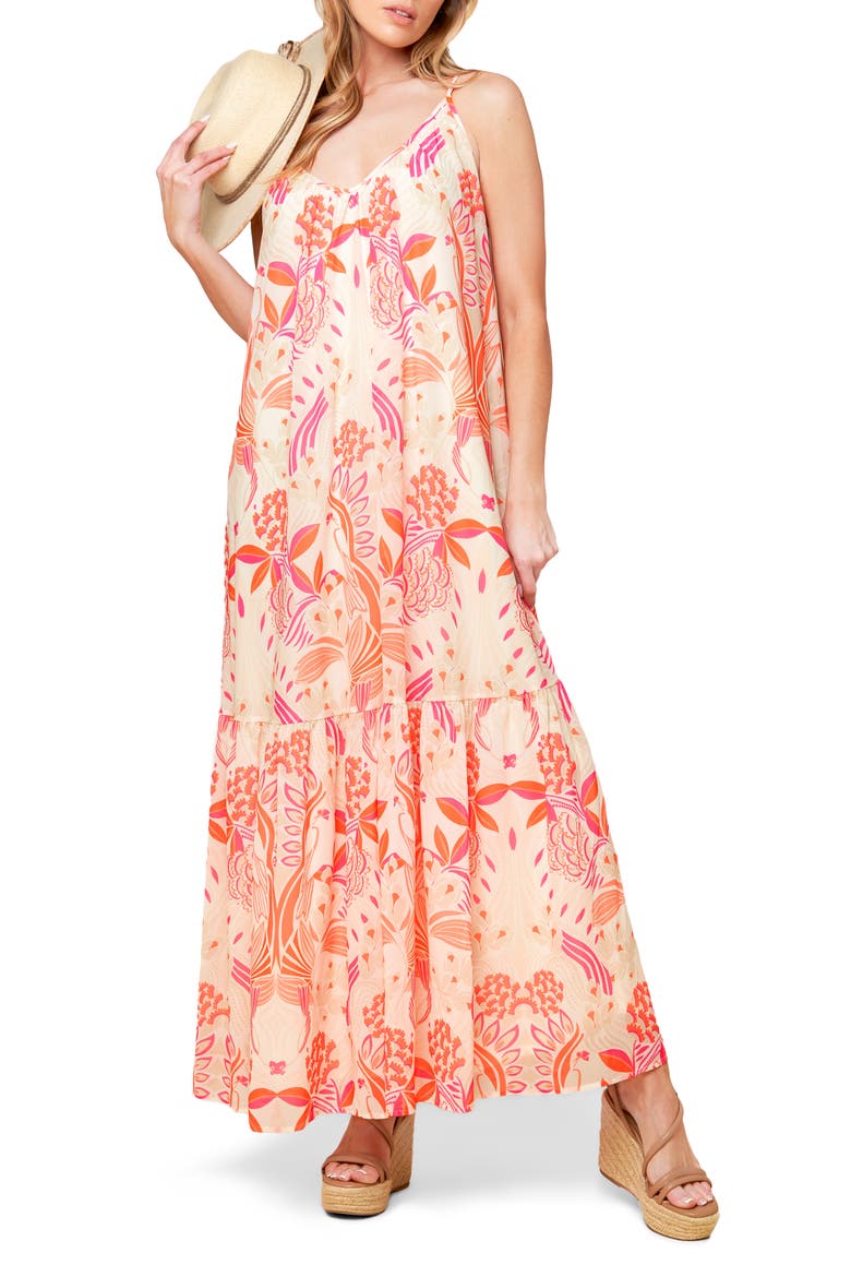 Printed Tie Back Maxi Dress, Main, color, WHITE PINK ORANGE