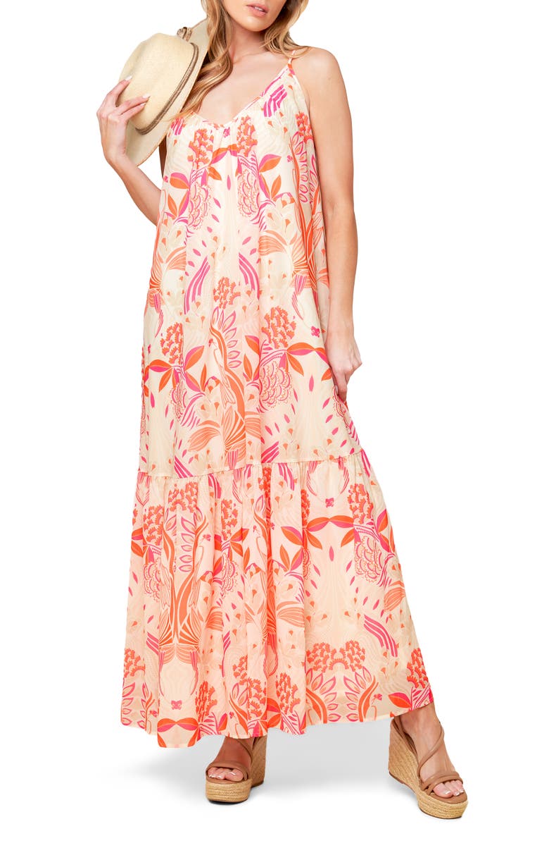 FLYING TOMATO Printed Tie Back Maxi Dress, Main, color, White Pink Orange