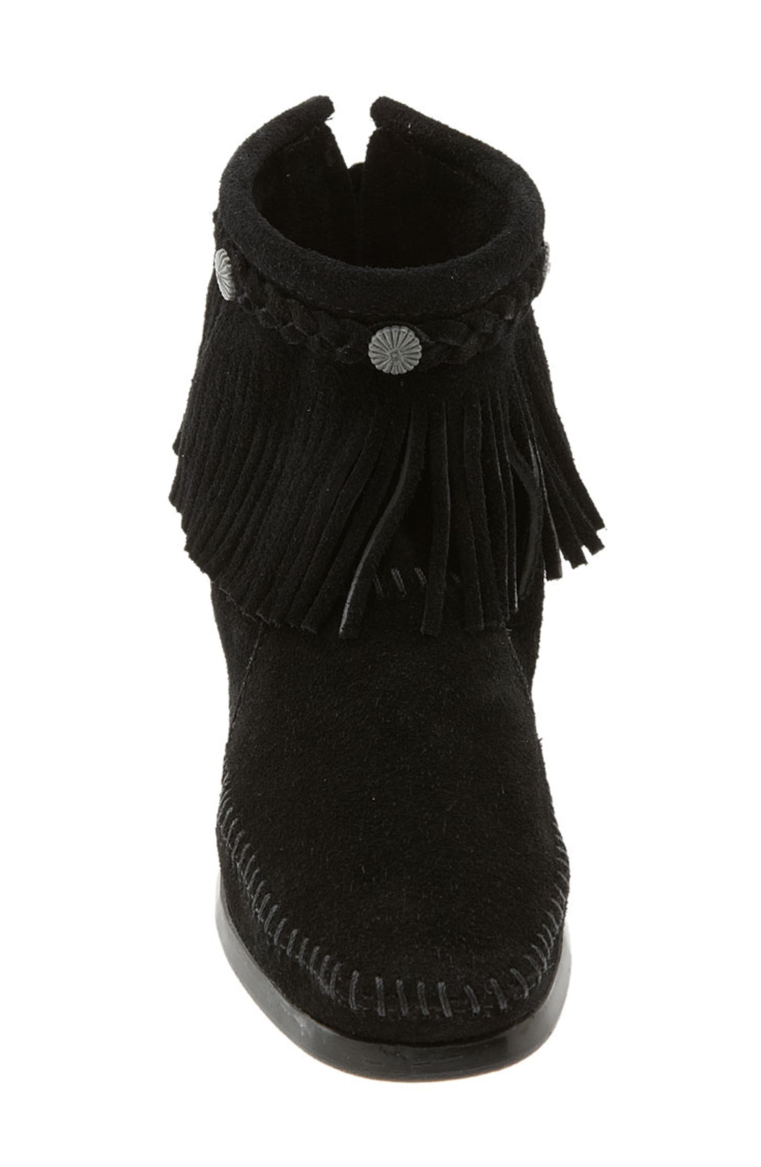 Minnetonka Fringe Bootie, Alternate, color, Black