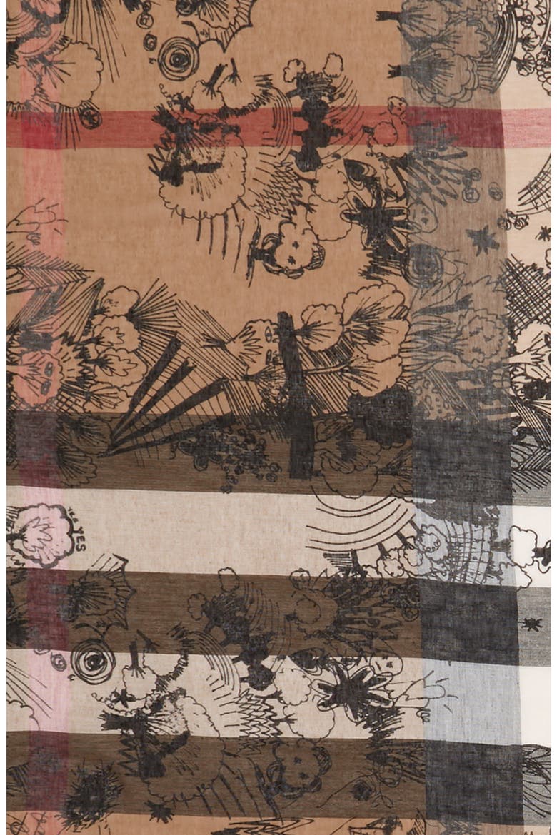 Sketchbook Doodle Mega Check Silk & Cotton Scarf, Alternate, color, CAMEL CHECK/ BLACK