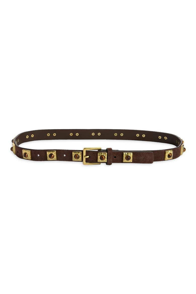 Dolly Stone Detail Leather Belt, Main, color, DARK BROWN
