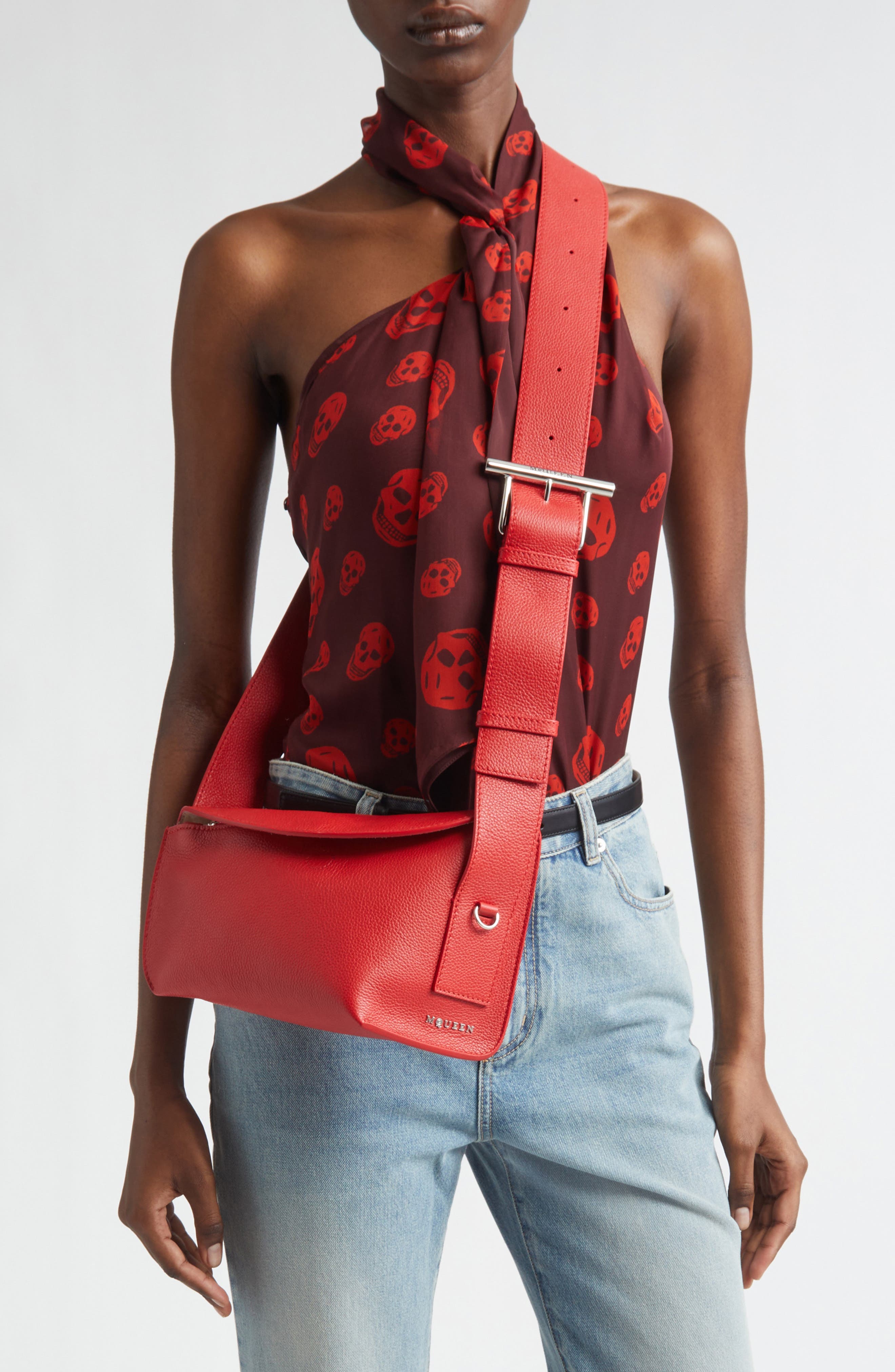 T-Bar Sling Asymmetric Leather Crossbody Bag, Alternate, color, RED/ SILVER